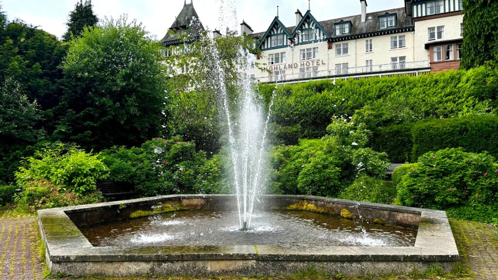 Fountain and formal gardens below the Highland Hotel in Strathpeffer.