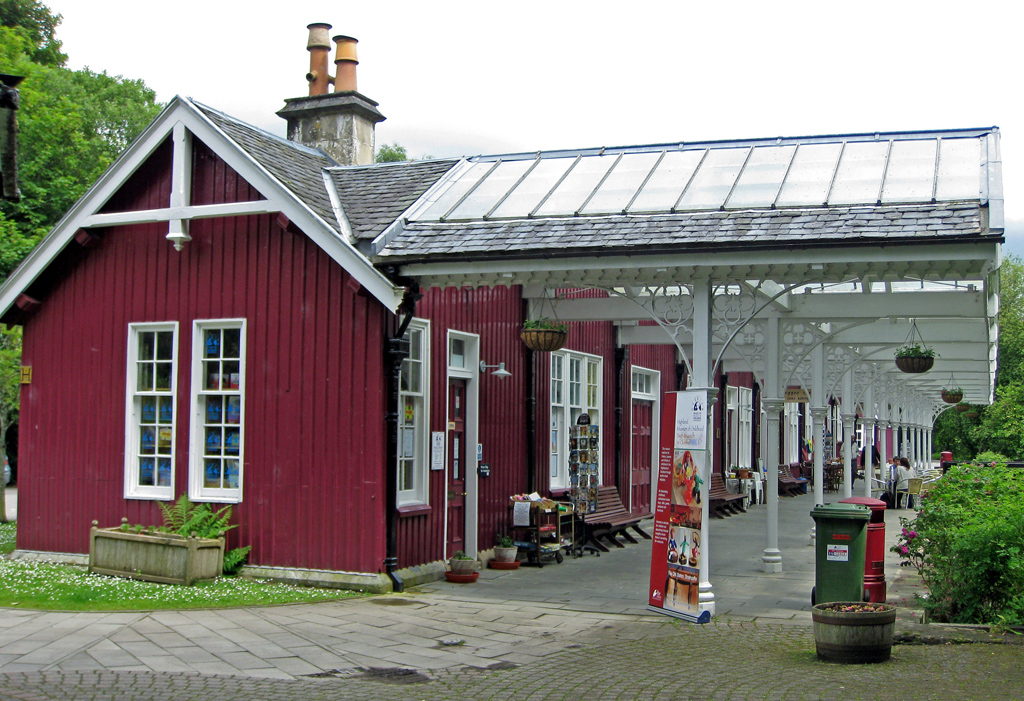Strathpeffer railway station building with its covered platform, station museum, shops and café.